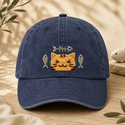 Cat and Fish Embroidered Washed Cap, Kawaii Kitten Hat Gift for Cat Lovers - Washed Cap - front view