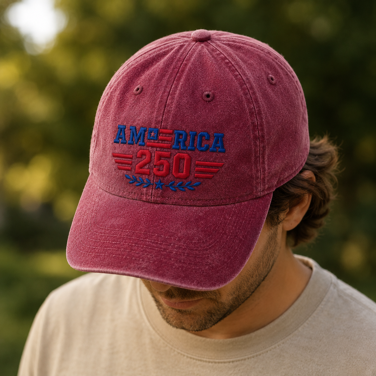 America 250 Washed Cap, Semiquincentennial Embroidered Hat - washed cap - detail view