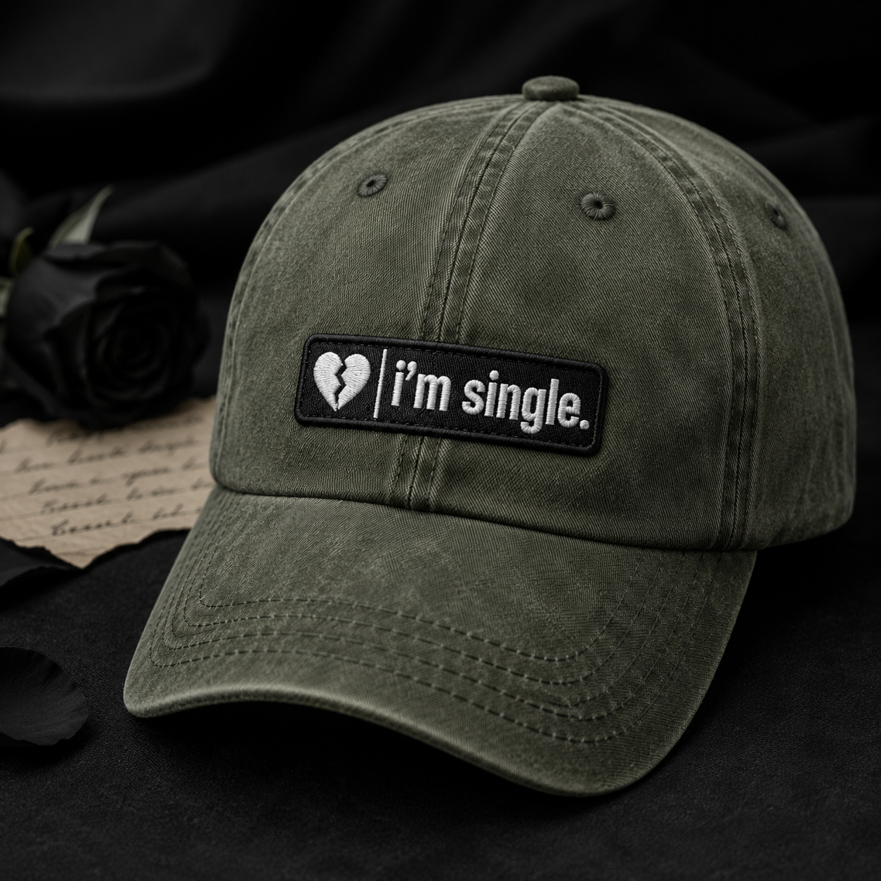 I'm Single Washed Cap, Broken Heart Patch Hat for Singles - Washed Cap - lifestyle view 2