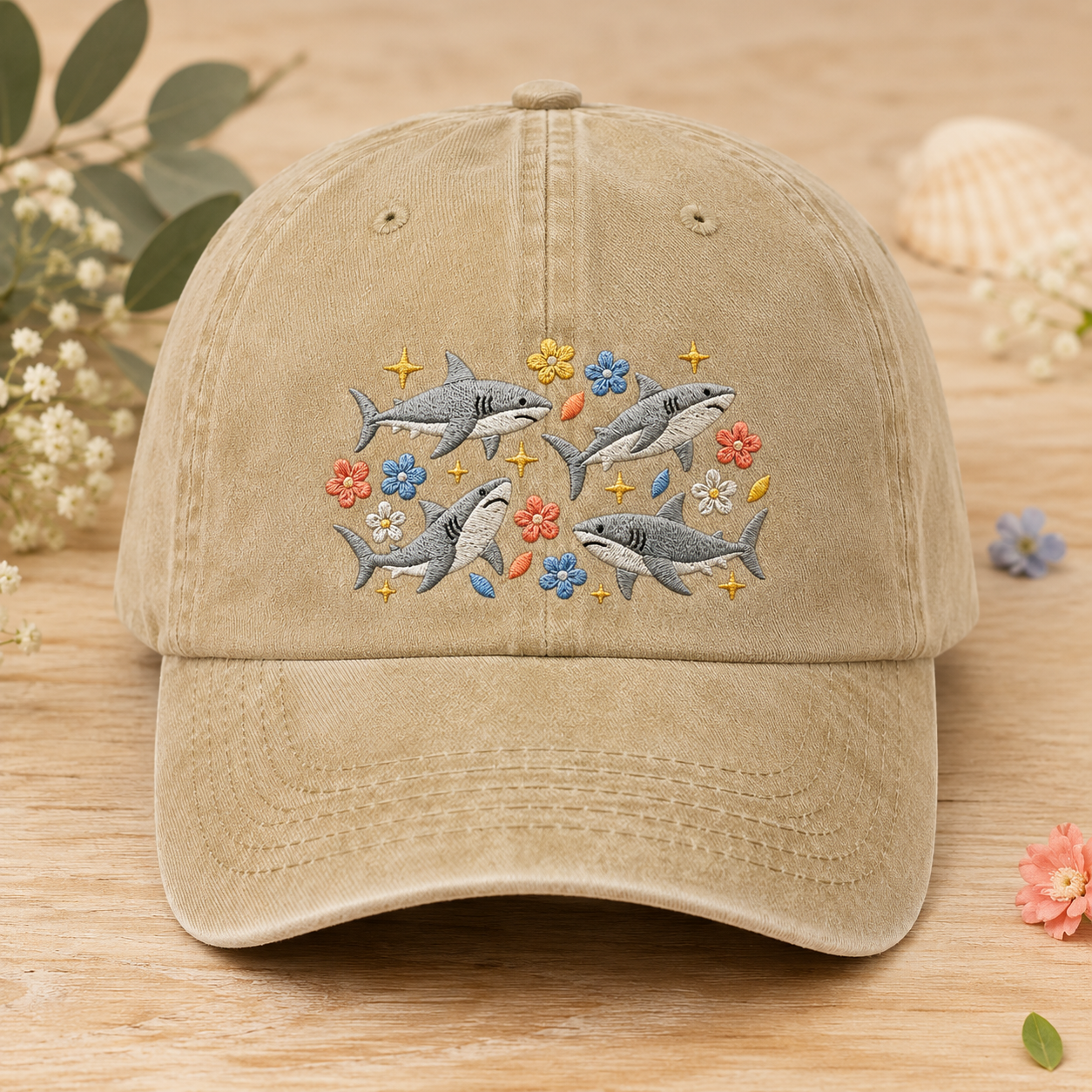 Floral Shark Washed Cap, Ocean Lover Embroidered Hat - Washed Cap - front view