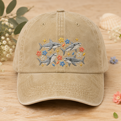 Floral Shark Washed Cap, Ocean Lover Embroidered Hat - Washed Cap - front view