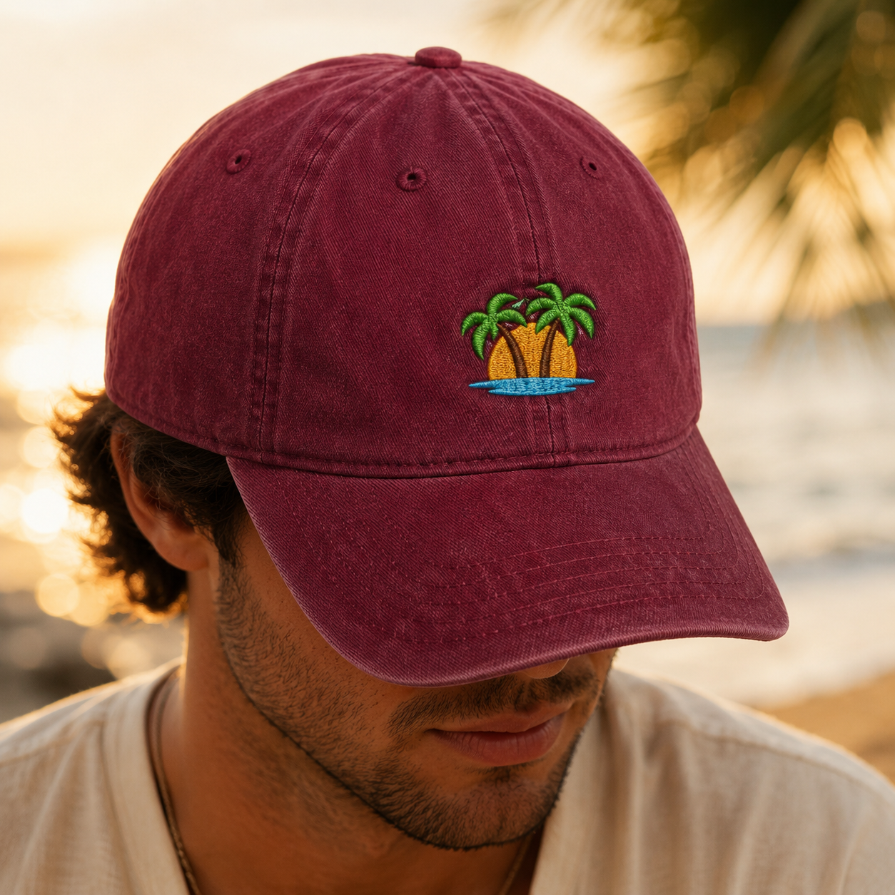Tropical Island Washed Cap, Embroidered Palm Tree Beach Hat - Washed Cap - lifestyle view 3