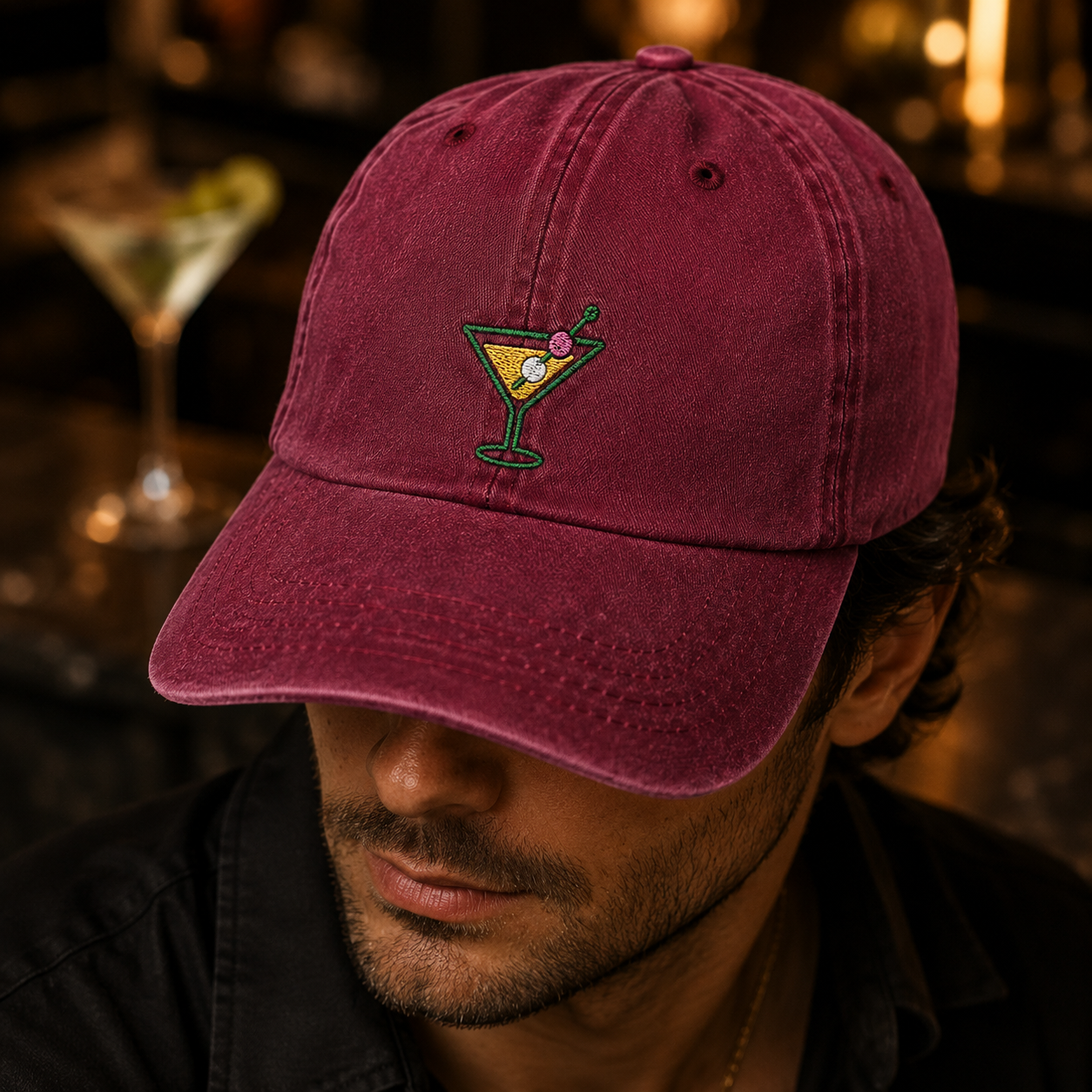 Martini Cocktail Washed Cap, Embroidered Happy Hour Hat for Bar Lovers - Washed Cap - lifestyle view 3