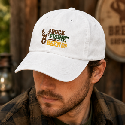 Buck Fish and Beer Washed Cap, Deer Bass Embroidered Hat for Outdoorsmen - Washed Cap - lifestyle view 3