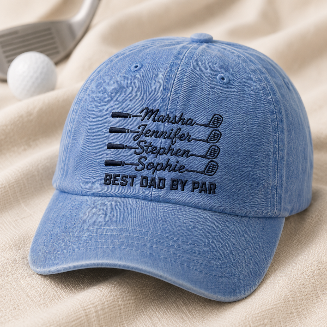 Best Dad By Par Golf Hat, Personalized Kids Names Washed Cap for Father's Day - Washed Cap - lifestyle view 2