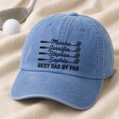 Best Dad By Par Golf Hat, Personalized Kids Names Washed Cap for Father's Day - Washed Cap - lifestyle view 2