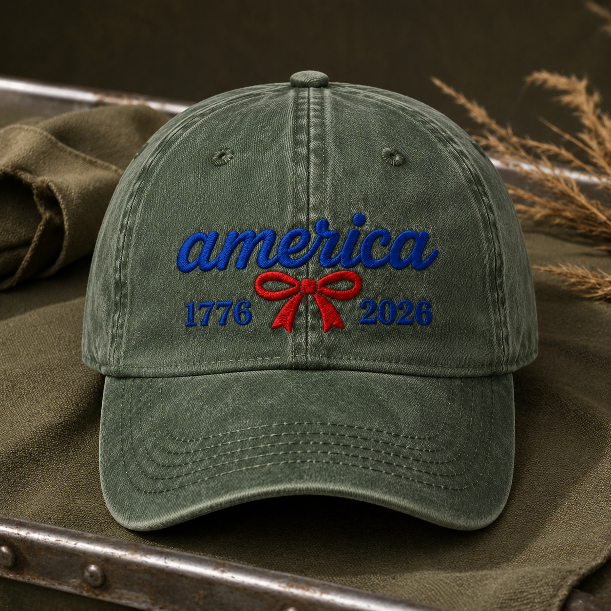 America 1776 2026 Washed Cap, Red Bow Patriotic Dad Hat for 250th Birthday - washed cap - lifestyle view 5