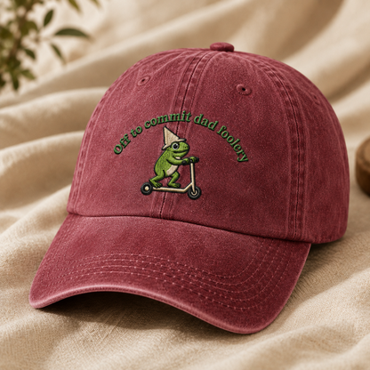 Off to Commit Dad Foolery Washed Cap, Funny Frog Scooter Hat for Fathers Day - Washed Cap - lifestyle view 2