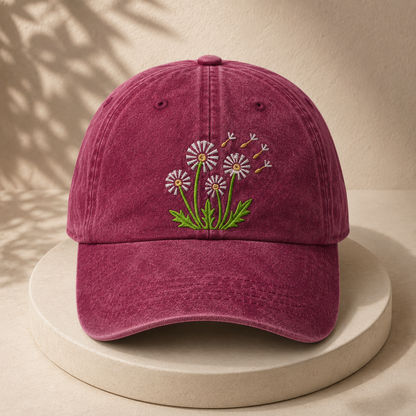 Dandelion Embroidered Washed Cap, Floral Daisy Baseball Hat for Garden Lovers - washed cap - lifestyle view 4