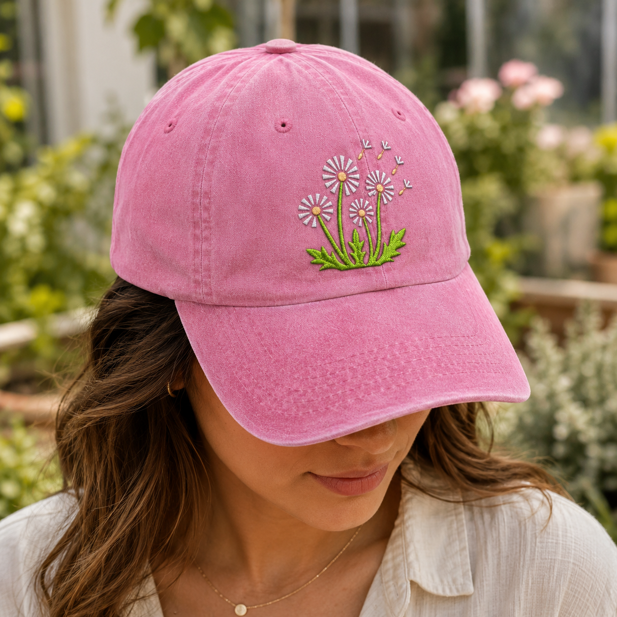 Dandelion Embroidered Washed Cap, Floral Daisy Baseball Hat for Garden Lovers - washed cap - lifestyle view 6