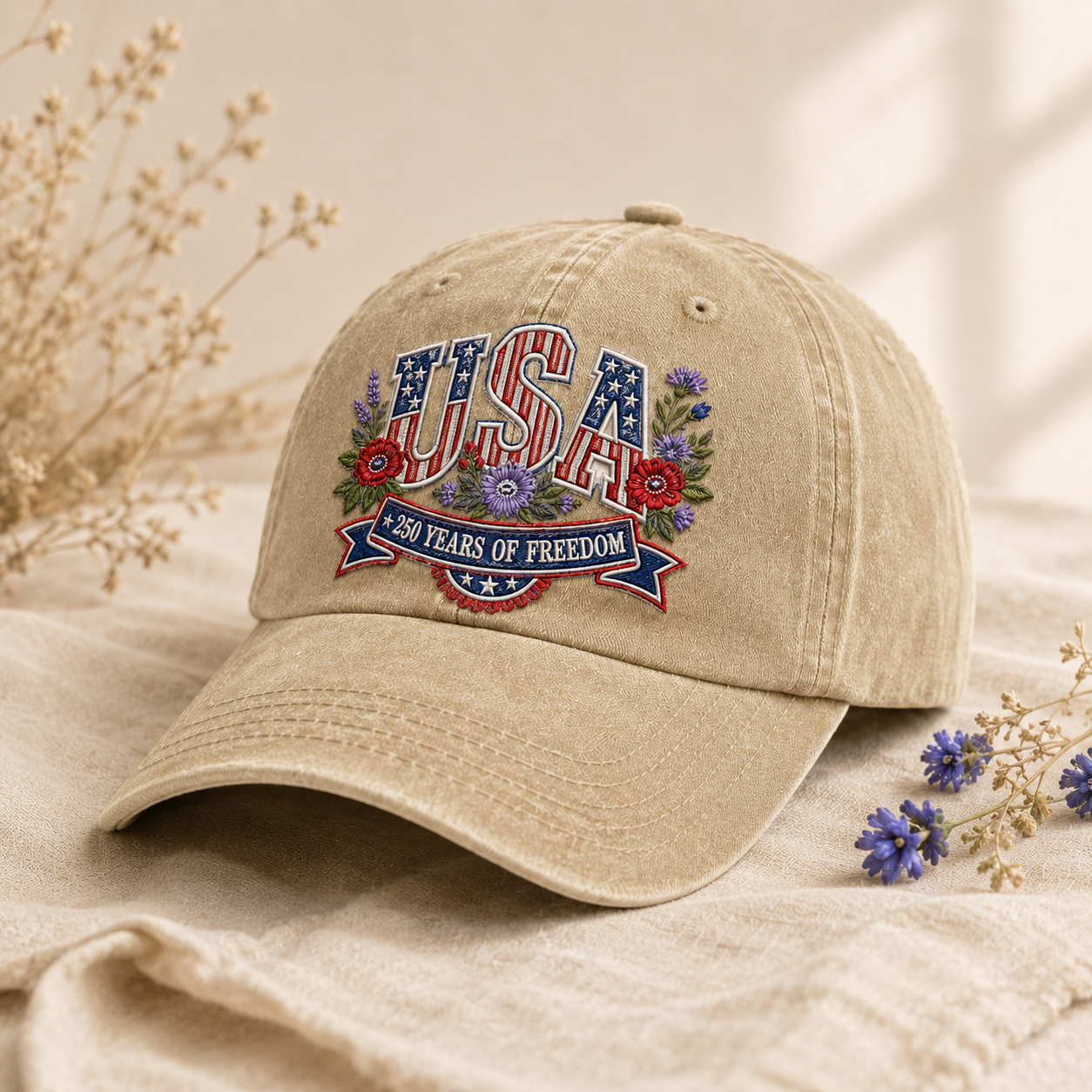 USA 250 Years of Freedom Washed Cap, Patriotic America Hat for 4th of July - washed cap - lifestyle view 2