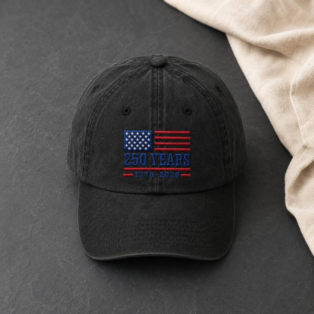 250 Years 1776-2026 USA Flag Washed Cap, America 250th Birthday Hat - washed cap - lifestyle view 3