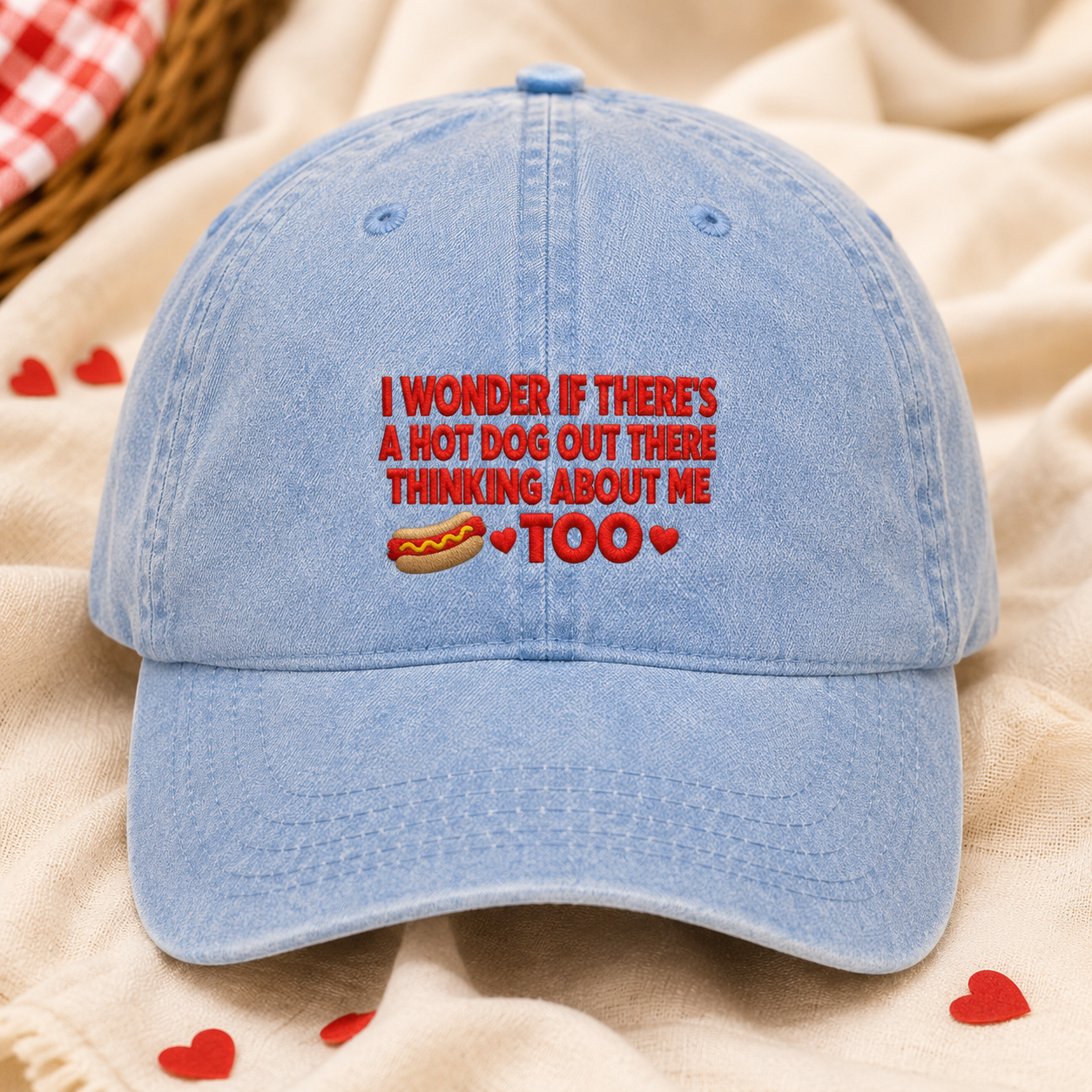 I Wonder If There's a Hot Dog Out There Thinking About Me Too Washed Cap, Picnic Date Gift - Washed Cap - lifestyle view 2