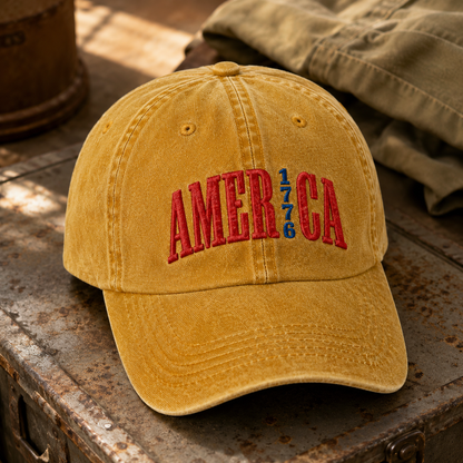 America 1776 Washed Cap, Patriotic Embroidered Hat for USA Fans - washed cap - lifestyle view 5