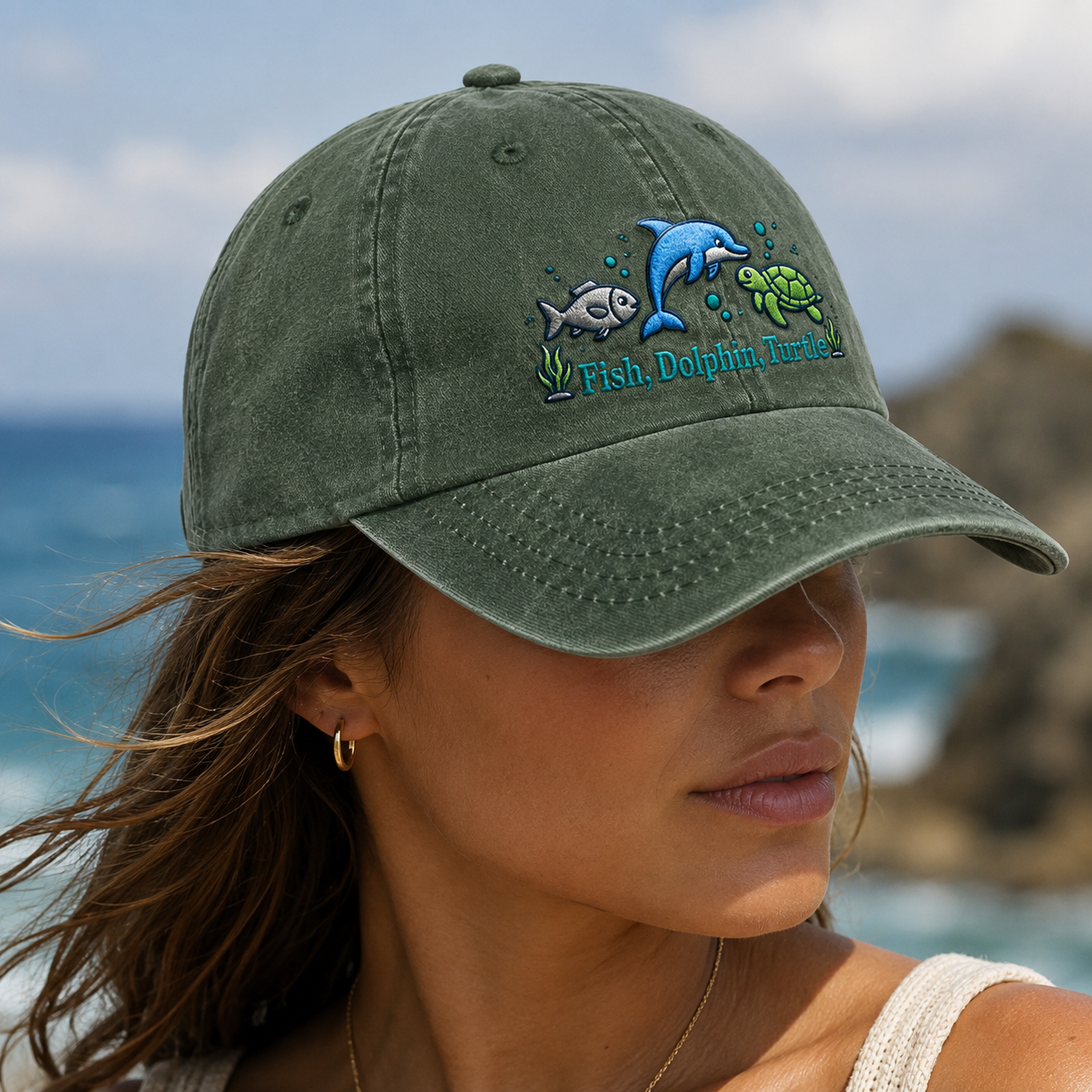 Fish, Dolphin, Turtle Washed Cap, Ocean Animal Embroidered Hat for Sea Life Lovers - Washed Cap - lifestyle view 4