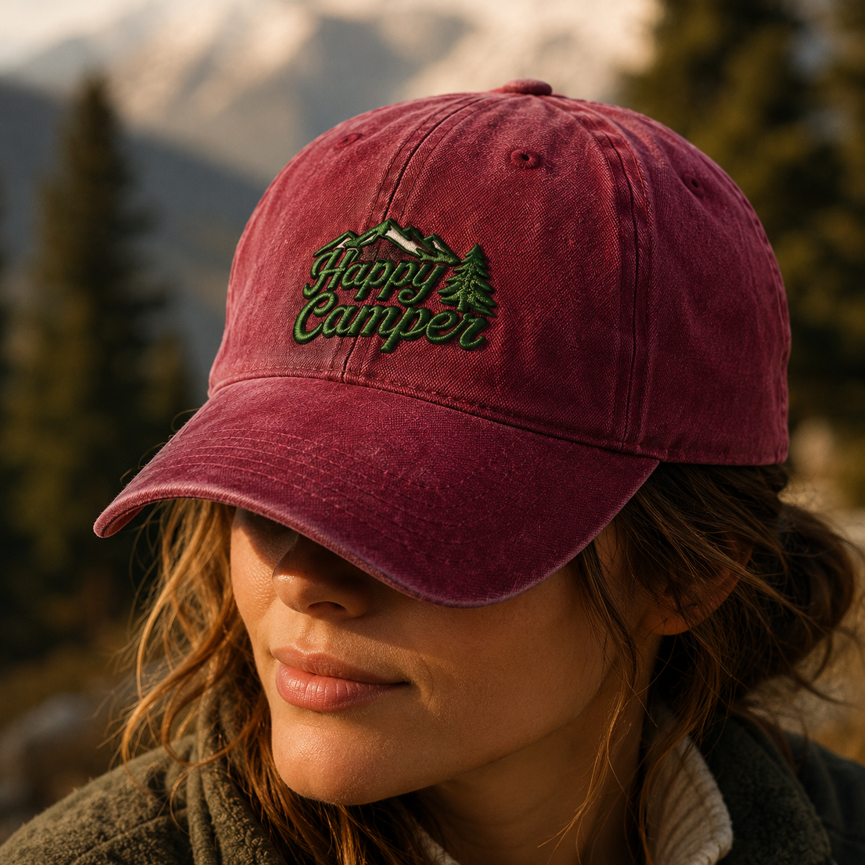Happy Camper Washed Cap, Green Mountain Pine Embroidery Camping Hat - Washed Cap - lifestyle view 4