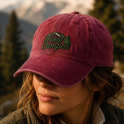 Happy Camper Washed Cap, Green Mountain Pine Embroidery Camping Hat - Washed Cap - lifestyle view 4
