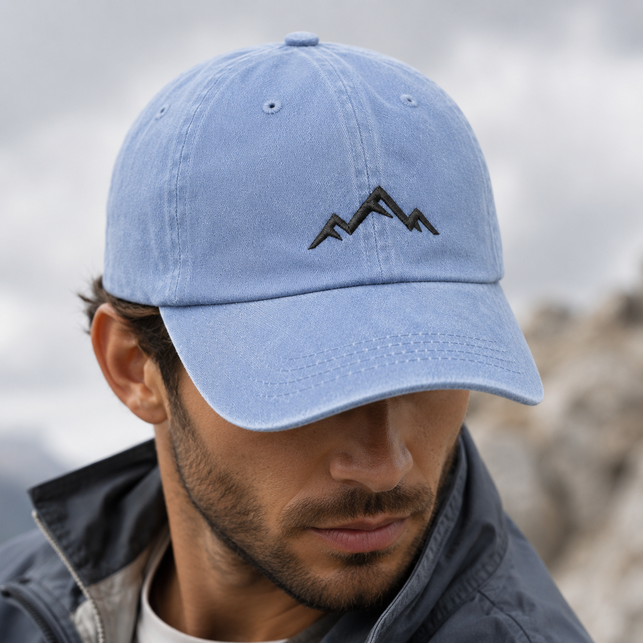 Minimalist Mountain Washed Cap, Black Embroidered Peak Hiking Hat - Washed Cap - lifestyle view 9