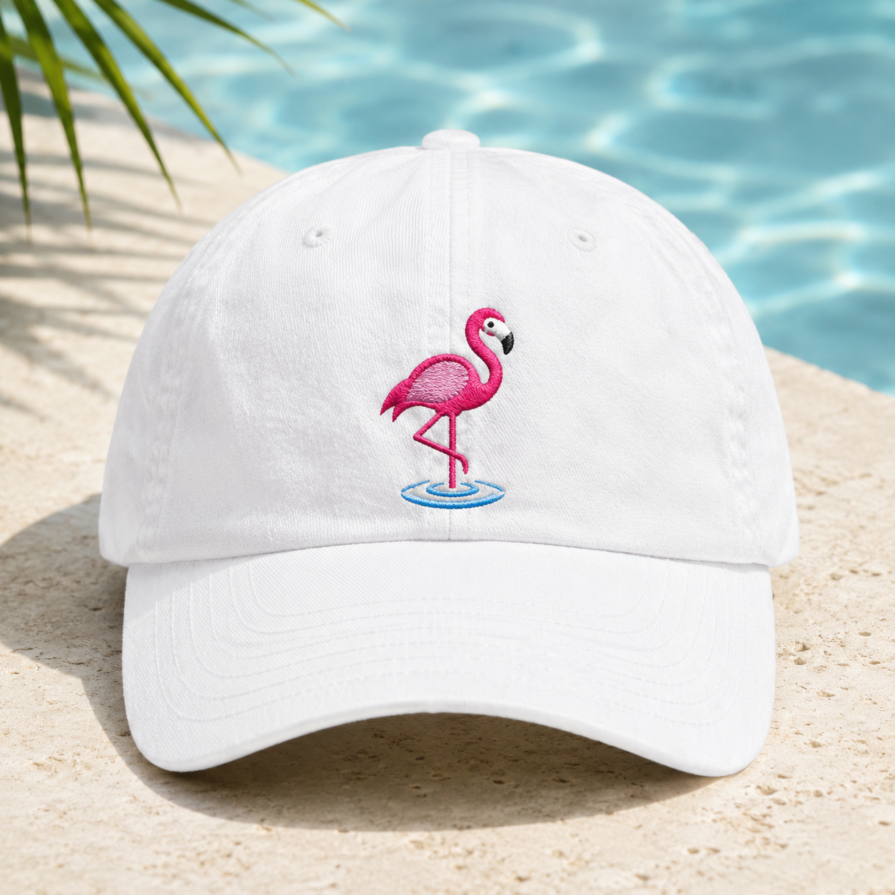 Pink Flamingo Embroidered Washed Cotton Cap, Summer Hat - Washed Cap - detail view