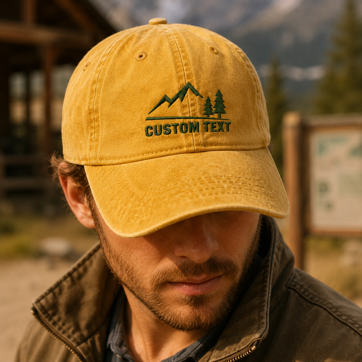 Custom Text Mountain Washed Cap, Personalized Hiking Hat for Outdoor Lovers - Washed Cap - lifestyle view 7