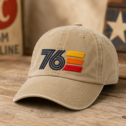 76 Retro Stripe Washed Cap, Embroidered Patriotic Dad Hat for Americana Outfits - washed cap - lifestyle view 2