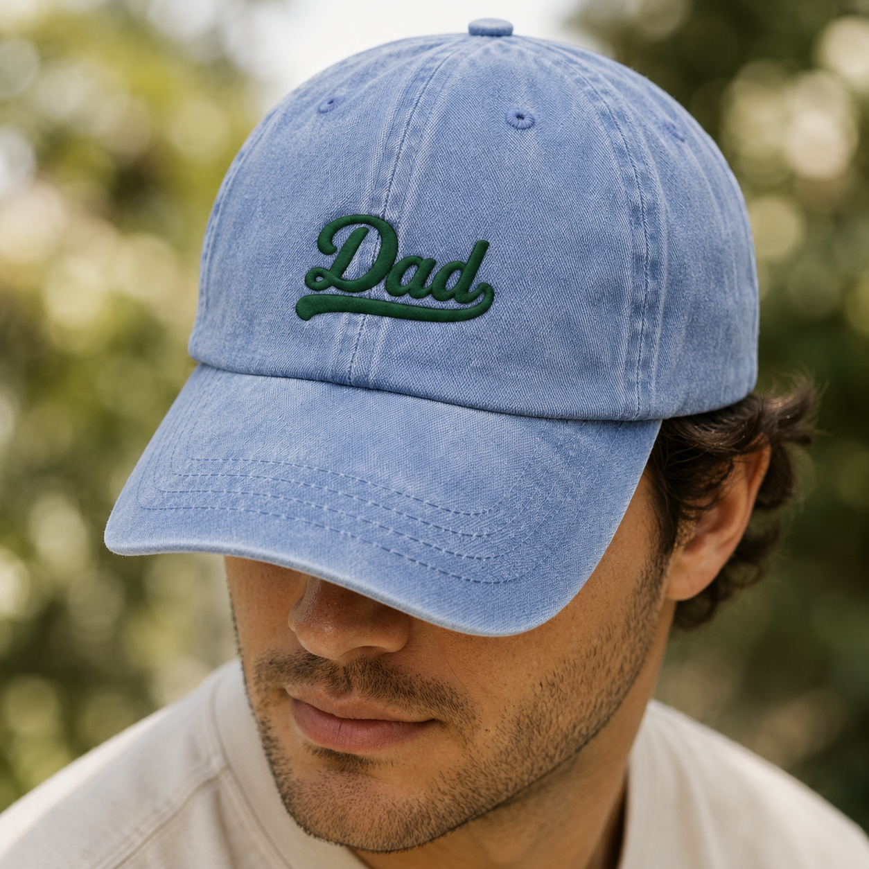 Dad Embroidered Washed Cap, Green Script Father's Day Hat - Washed Cap - lifestyle view 3