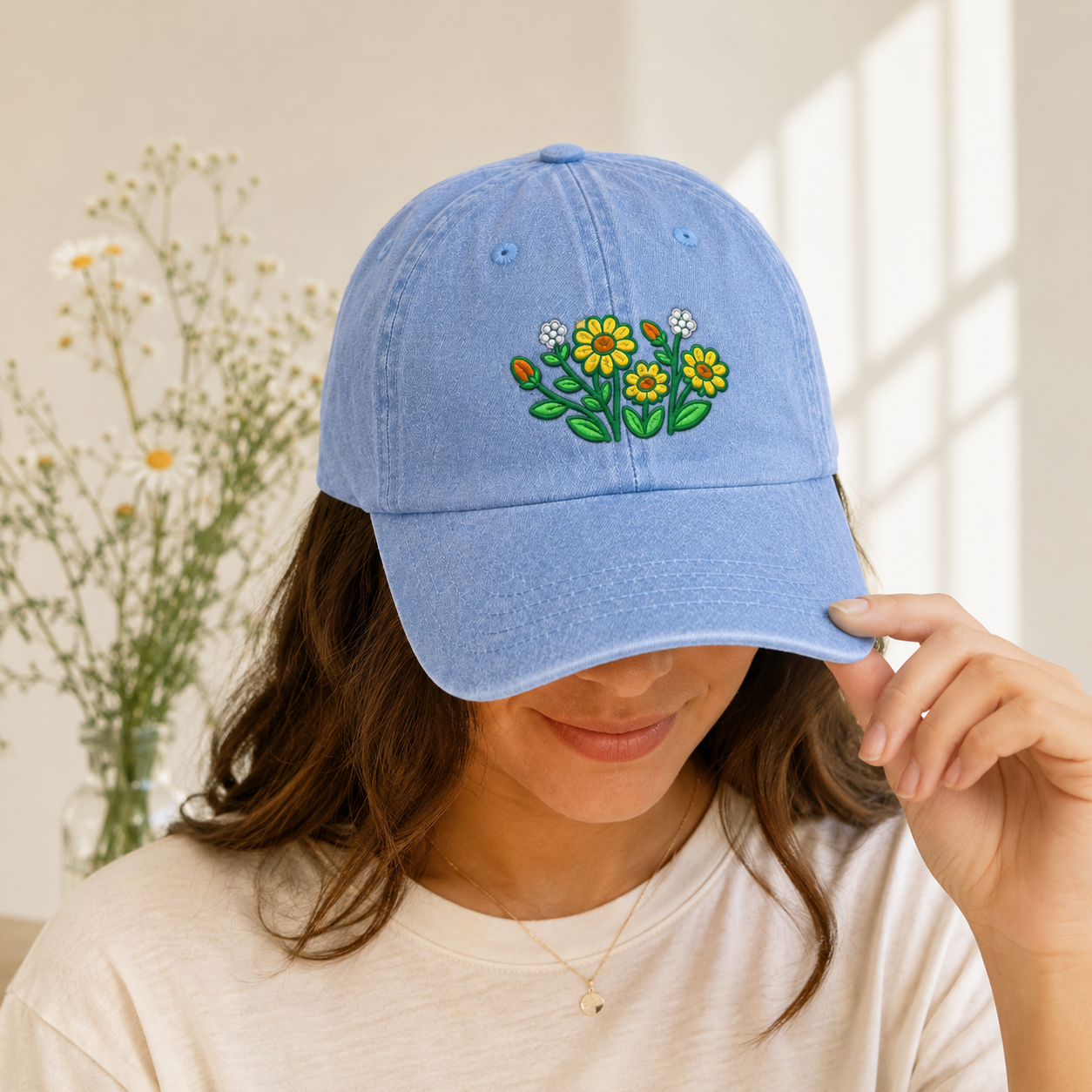 Daisy Wildflower Embroidered Washed Cap, Botanical Garden Gift - washed cap - lifestyle view 9
