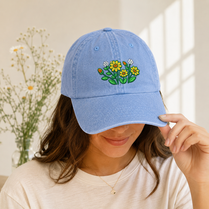 Daisy Wildflower Embroidered Washed Cap, Botanical Garden Gift - washed cap - lifestyle view 9