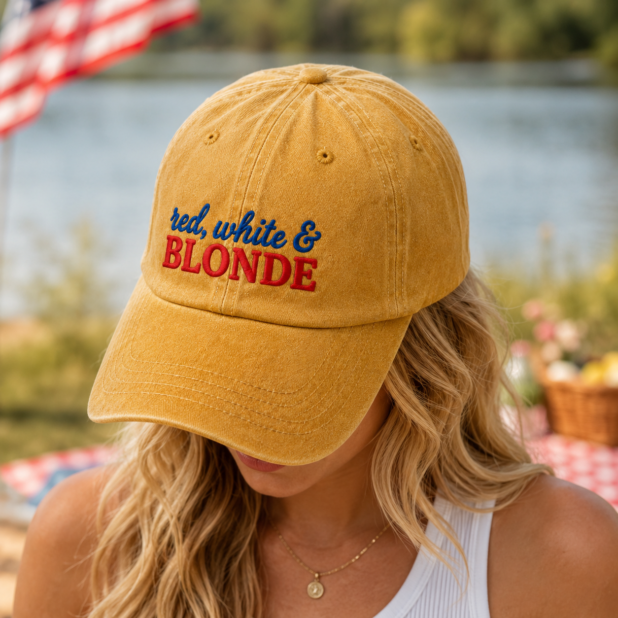 Red White & Blonde Washed Cap, Patriotic Hair Humor Hat - washed cap - lifestyle view 9
