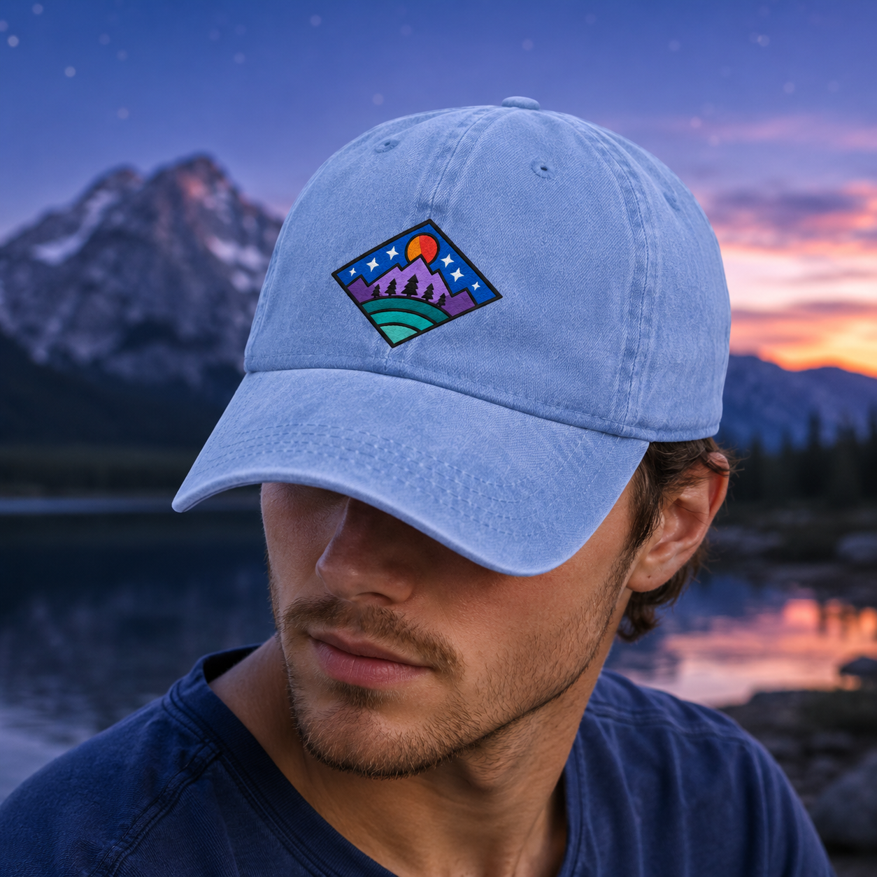 Mountain Sunset Embroidered Washed Cap, Outdoor Adventure Baseball Hat - Washed Cap - lifestyle view 4
