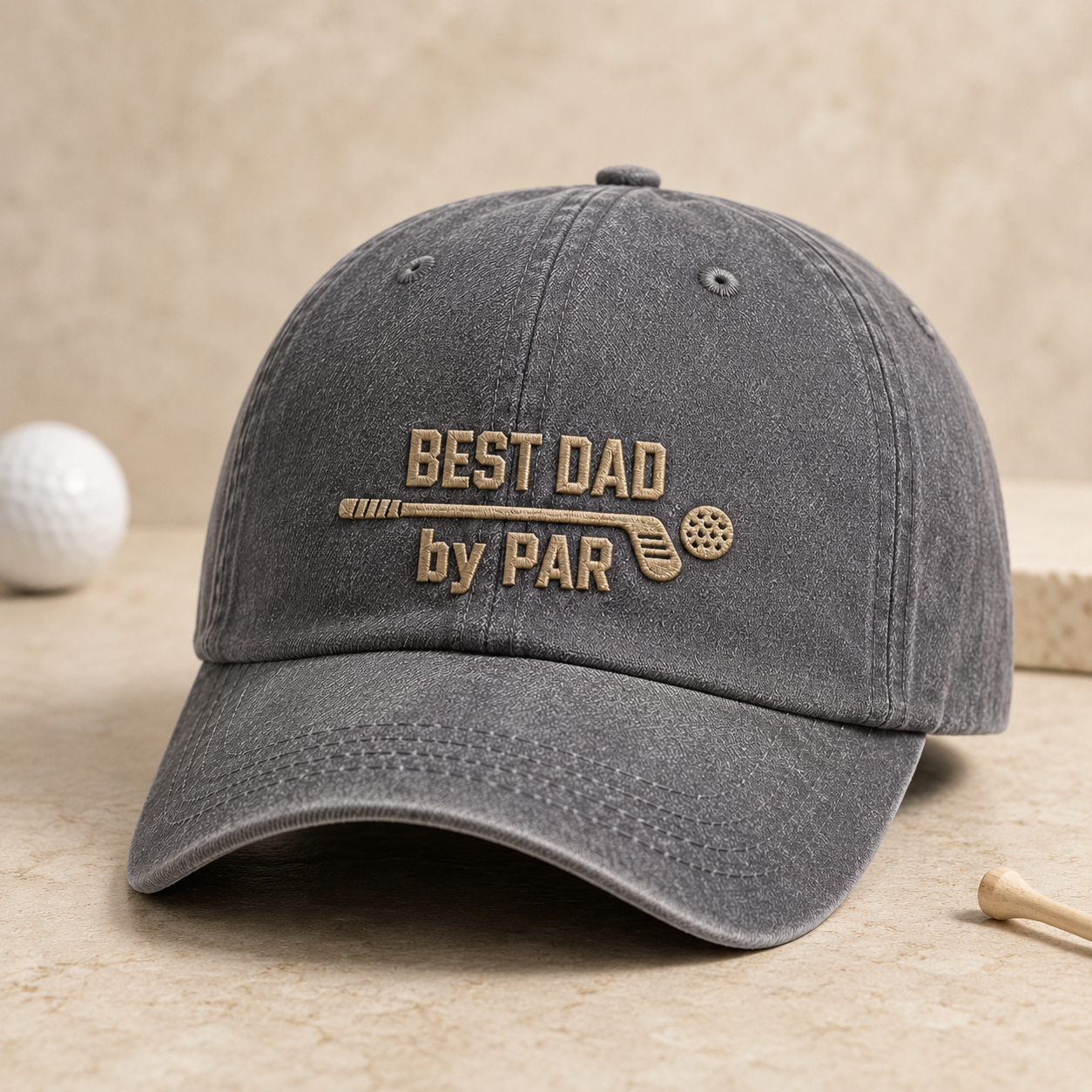 Best Dad by Par Embroidered Washed Cap, Golf Father Hat - Washed Cap - detail view