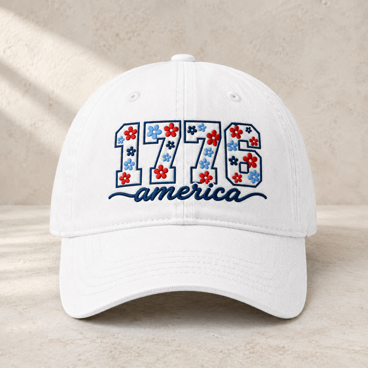 1776 America Floral Embroidered Washed Cap, Patriotic Coquette Hat for Fourth of July - washed cap - front view
