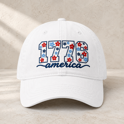 1776 America Floral Embroidered Washed Cap, Patriotic Coquette Hat for Fourth of July - washed cap - front view