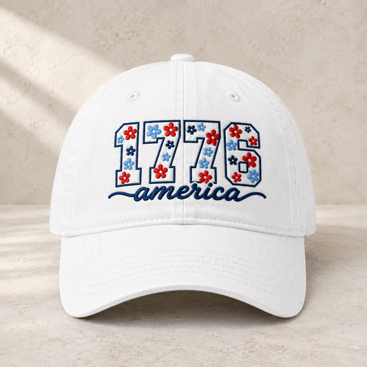 1776 America Floral Embroidered Washed Cap, Patriotic Coquette Hat for Fourth of July - washed cap - front view
