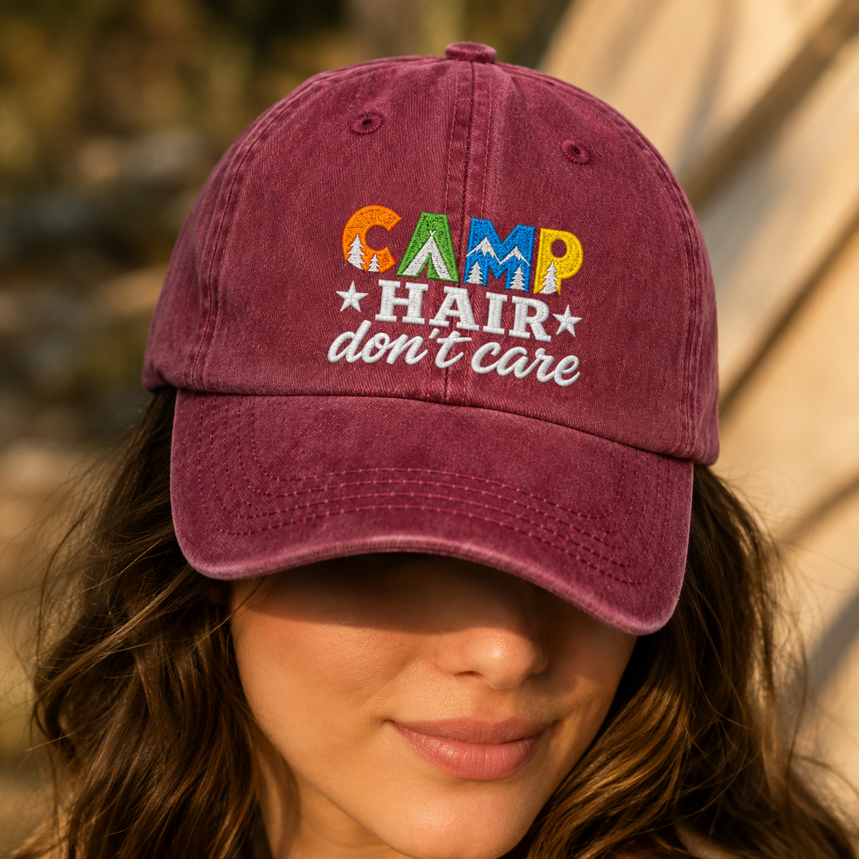 Camp Hair Don't Care Washed Cap, Funny Camping Hat for Outdoor Campers - Washed Cap - lifestyle view 4