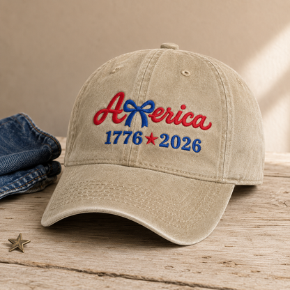 America 1776 2026 Bow Washed Cap, Patriotic Embroidered Hat for USA Birthday - washed cap - lifestyle view 2