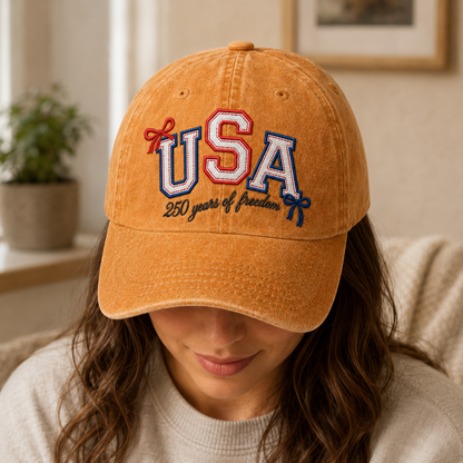 USA 250 Years of Freedom Washed Cap, Patriotic Embroidered Baseball Hat - washed cap - lifestyle view 8