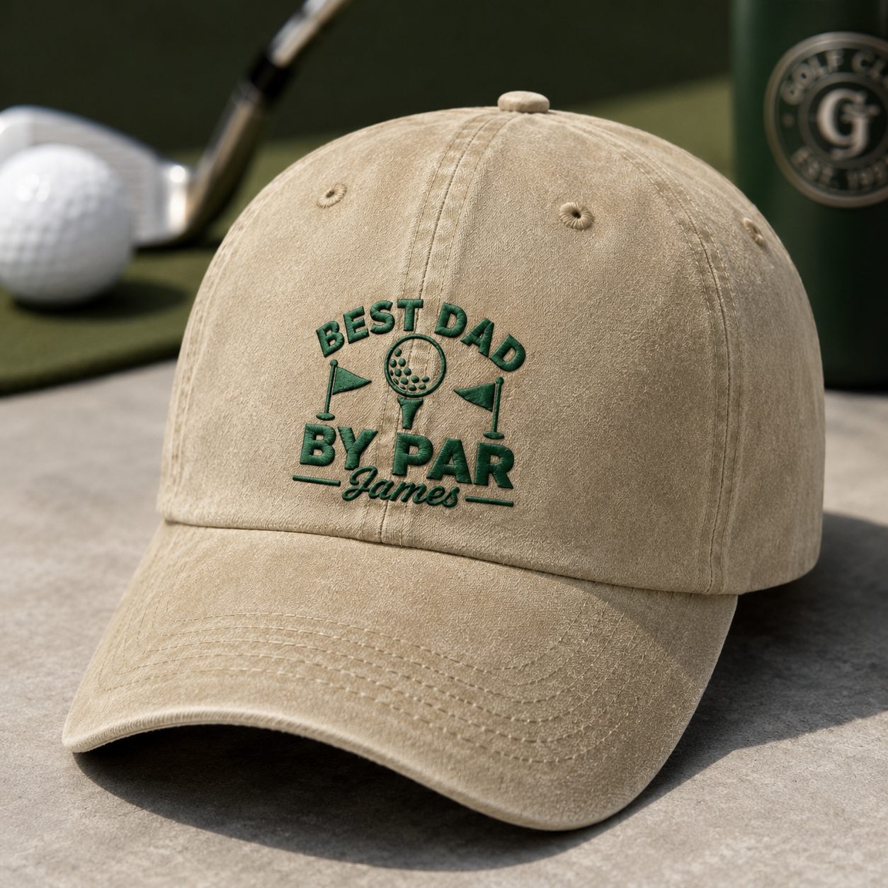 Best Dad By Par James Washed Cap, Personalized Golf Hat for Father's Day - Washed Cap - detail view