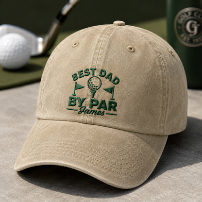 Best Dad By Par James Washed Cap, Personalized Golf Hat for Father's Day - Washed Cap - detail view