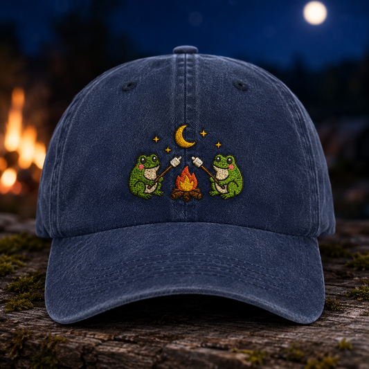 Frog Campfire Washed Cap, Cute Camping Hat for Cottagecore Nature Lovers - Washed Cap - front view