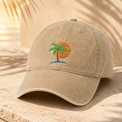 Palm Tree Sunset Washed Cap, Tropical Beach Hat for Vacation Lovers - Washed Cap - detail view