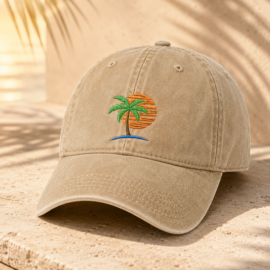 Palm Tree Sunset Washed Cap, Tropical Beach Hat for Vacation Lovers - Washed Cap - detail view