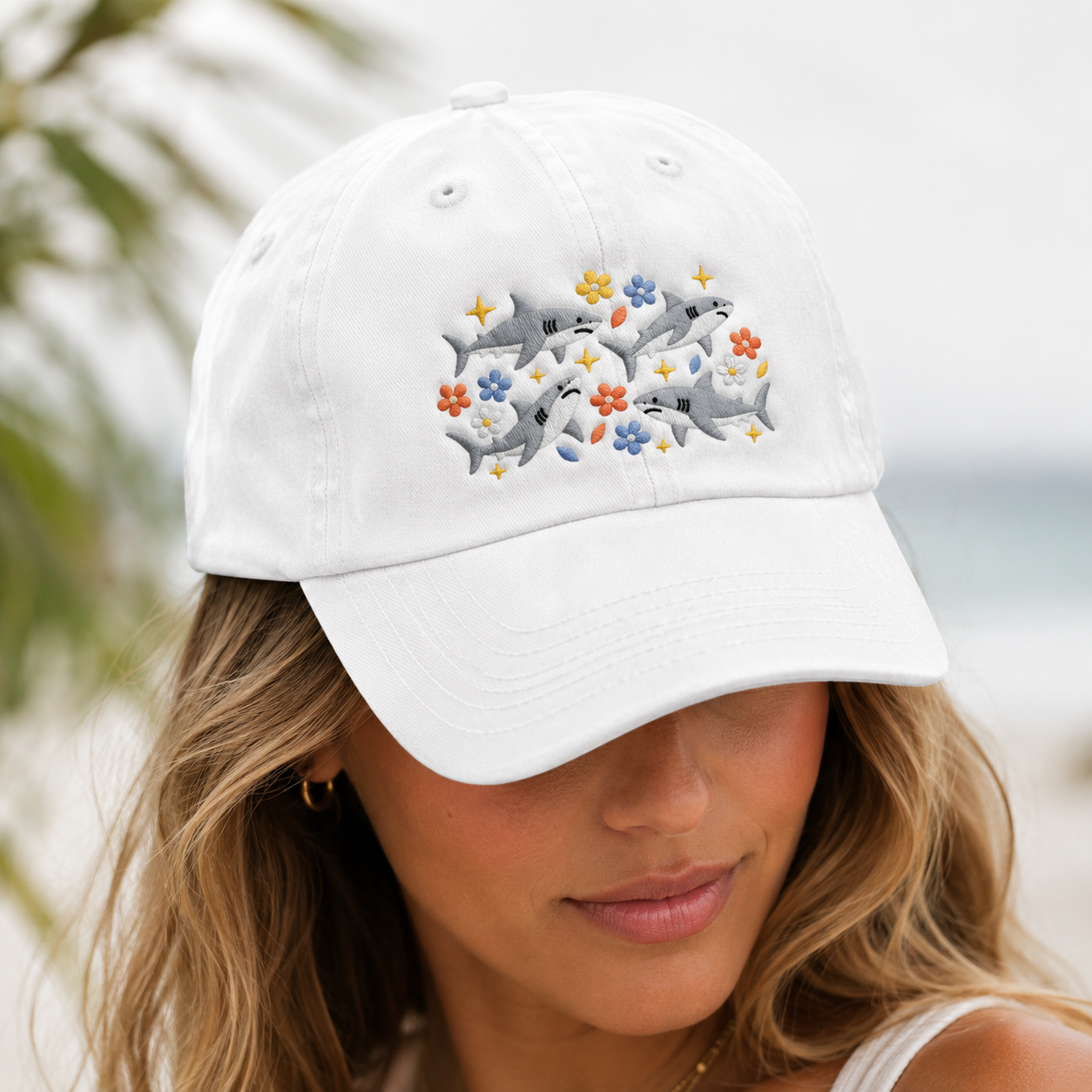 Floral Shark Washed Cap, Ocean Lover Embroidered Hat - Washed Cap - lifestyle view 3