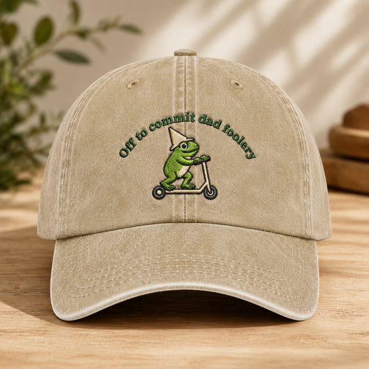 Off to Commit Dad Foolery Washed Cap, Funny Frog Scooter Hat for Fathers Day - Washed Cap - front view