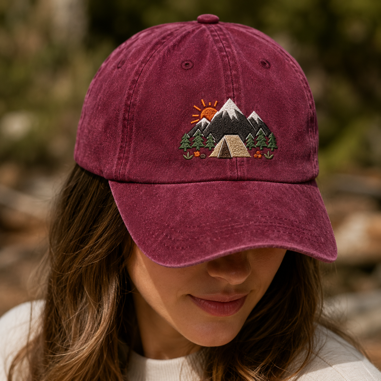 Mountain Camping Embroidered Washed Cap, Outdoor Adventure Hat - Washed Cap - lifestyle view 3