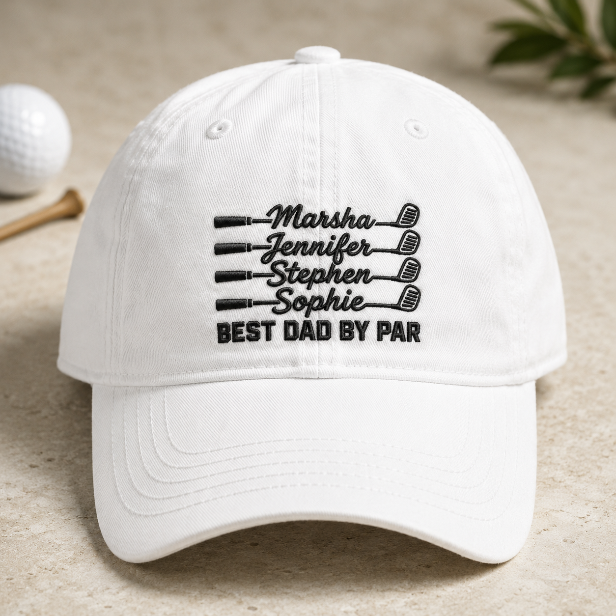 Best Dad By Par Golf Hat, Personalized Kids Names Washed Cap for Father's Day - Washed Cap - detail view