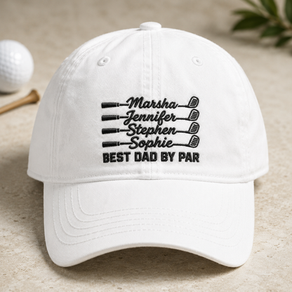 Best Dad By Par Golf Hat, Personalized Kids Names Washed Cap for Father's Day - Washed Cap - detail view