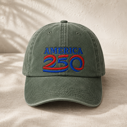 America 250 Washed Cap, Red Blue Embroidered Patriotic Dad Hat - washed cap - lifestyle view 4