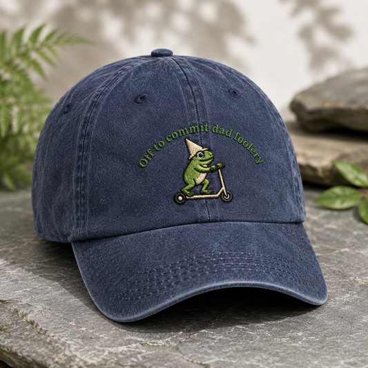Off to Commit Dad Foolery Washed Cap, Funny Frog Scooter Hat for Fathers Day - Washed Cap - detail view