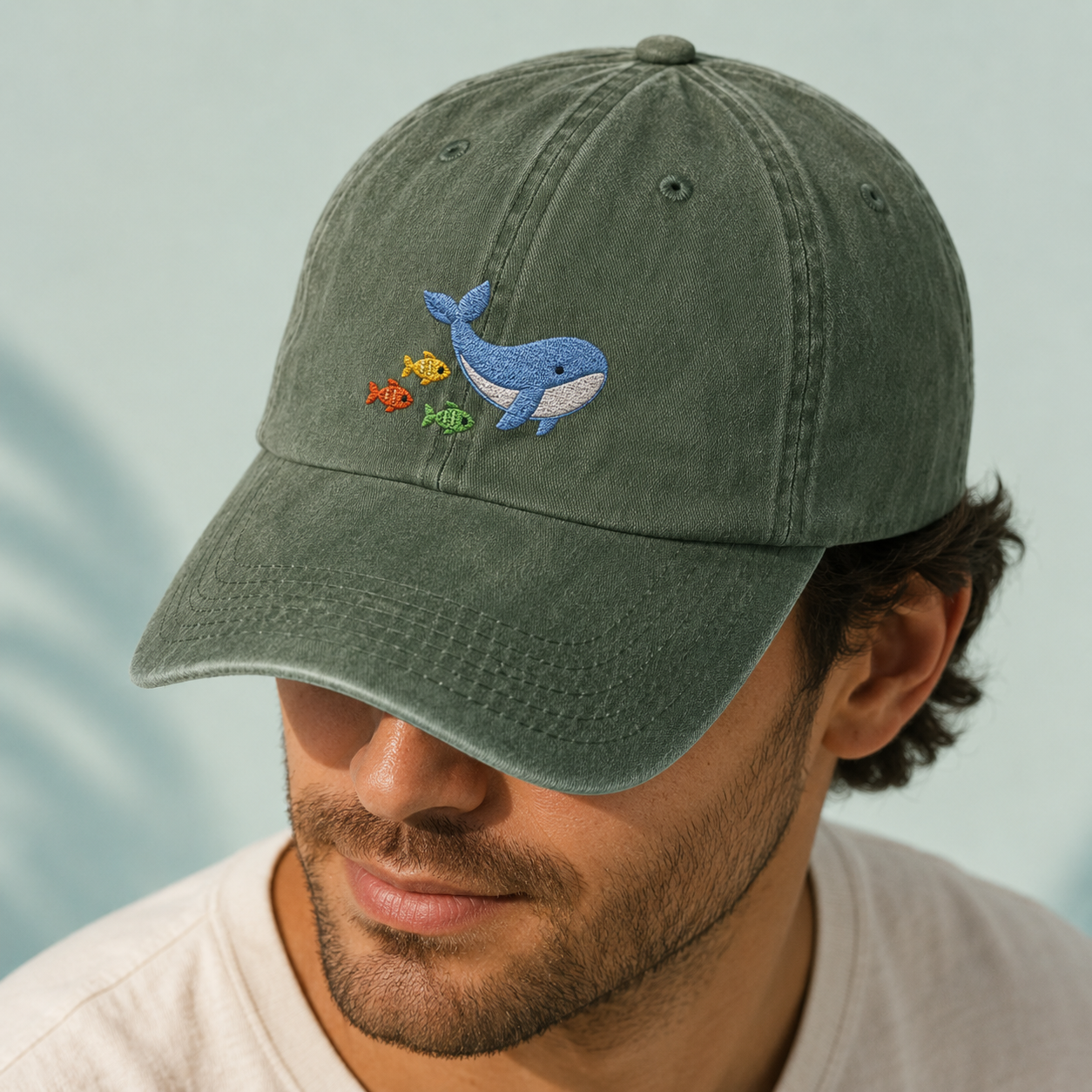 Whale and Fish Embroidered Washed Cap, Ocean Animal Dad Hat - Washed Cap - lifestyle view 3
